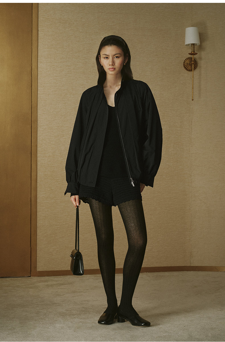 Brocade Stand-Collar Jacket - Ink Black