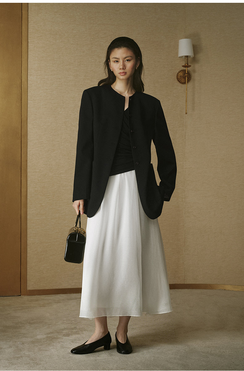 Fitted Wool Collarless Blazer - Ink Black