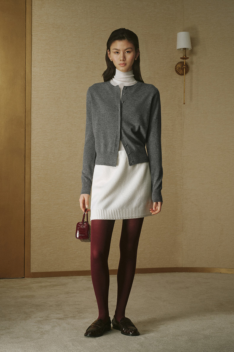 Floral Pointelle Wool Cardigan - Stone Grey