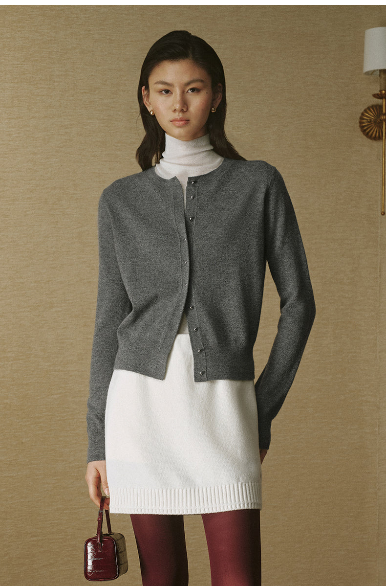 Floral Pointelle Wool Cardigan - Stone Grey