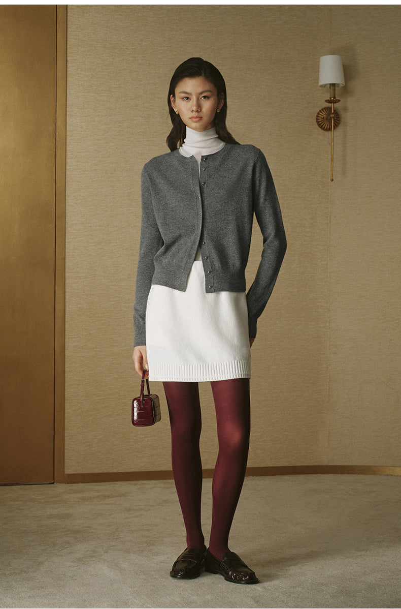 Floral Pointelle Wool Cardigan - Stone Grey