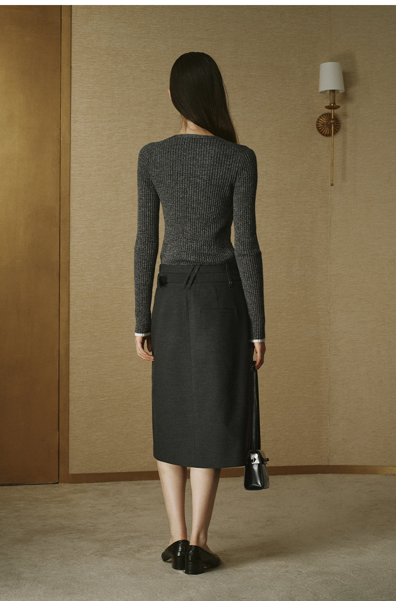 Front-Pleat Tailored Midi Skirt - Deep Heather Grey