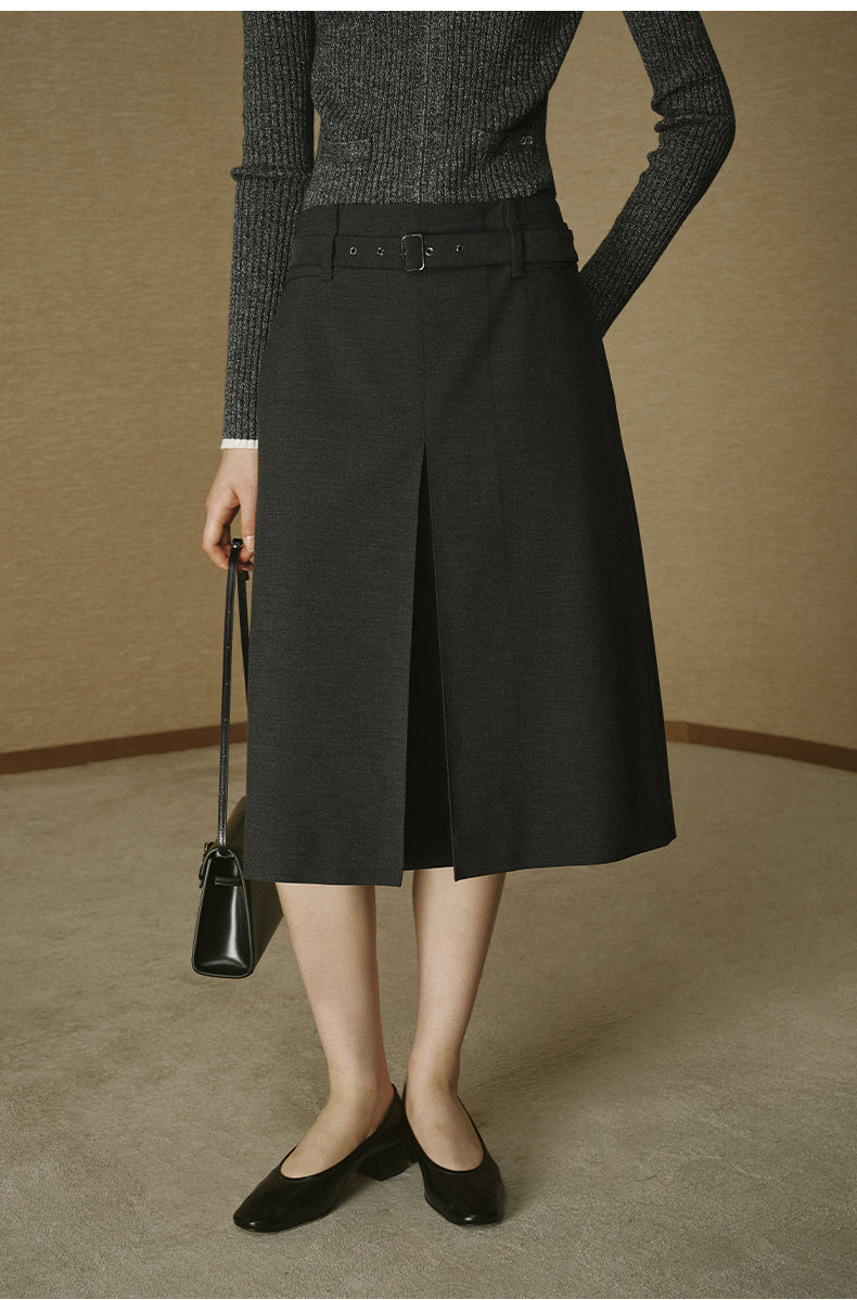 Front-Pleat Tailored Midi Skirt - Deep Heather Grey