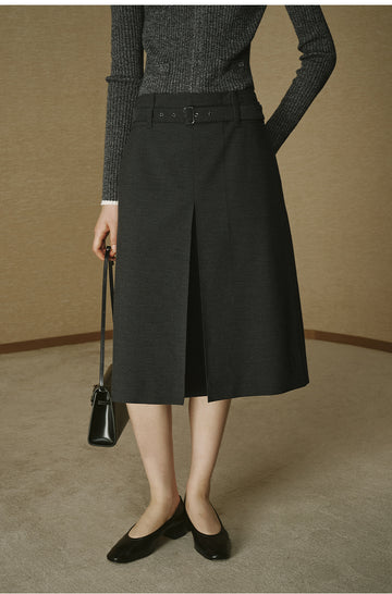 Front-Pleat Tailored Midi Skirt - Deep Heather Grey