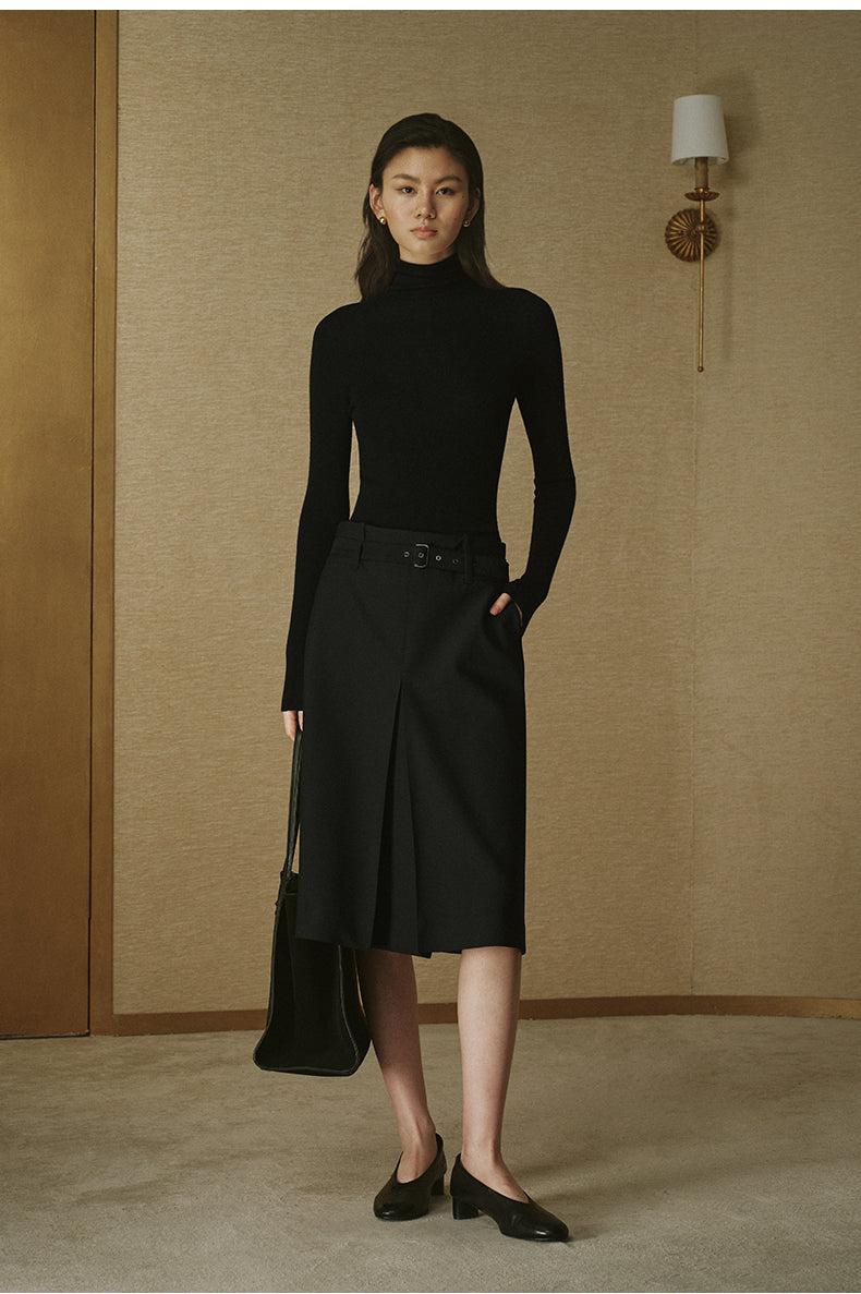 Front-Pleat Tailored Midi Skirt - Ink Black