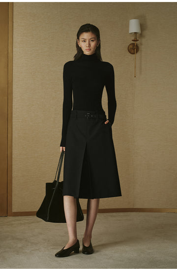 Front-Pleat Tailored Midi Skirt - Ink Black