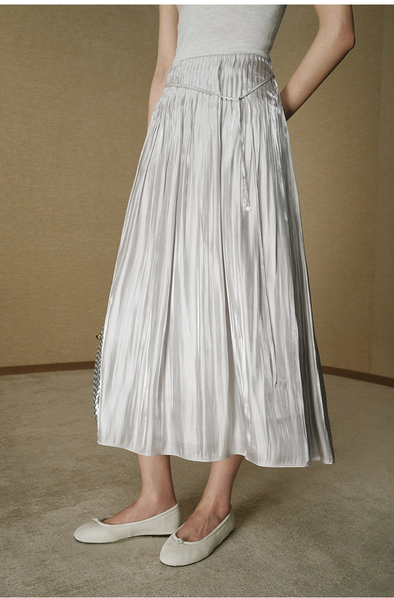 Luminous Pleated Midi Skirt - Light Grey