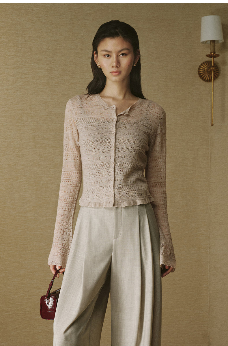 Pointelle Ruffle Wool Cardigan - Cornus Beige