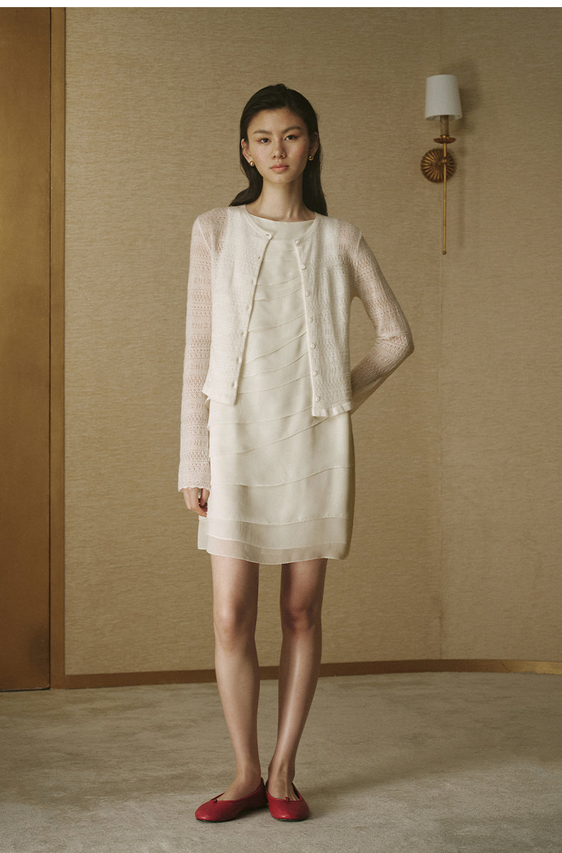 Pointelle Ruffle Wool Cardigan - Ivory White