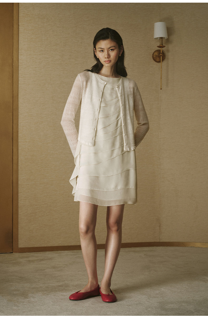 Pointelle Ruffle Wool Cardigan - Ivory White
