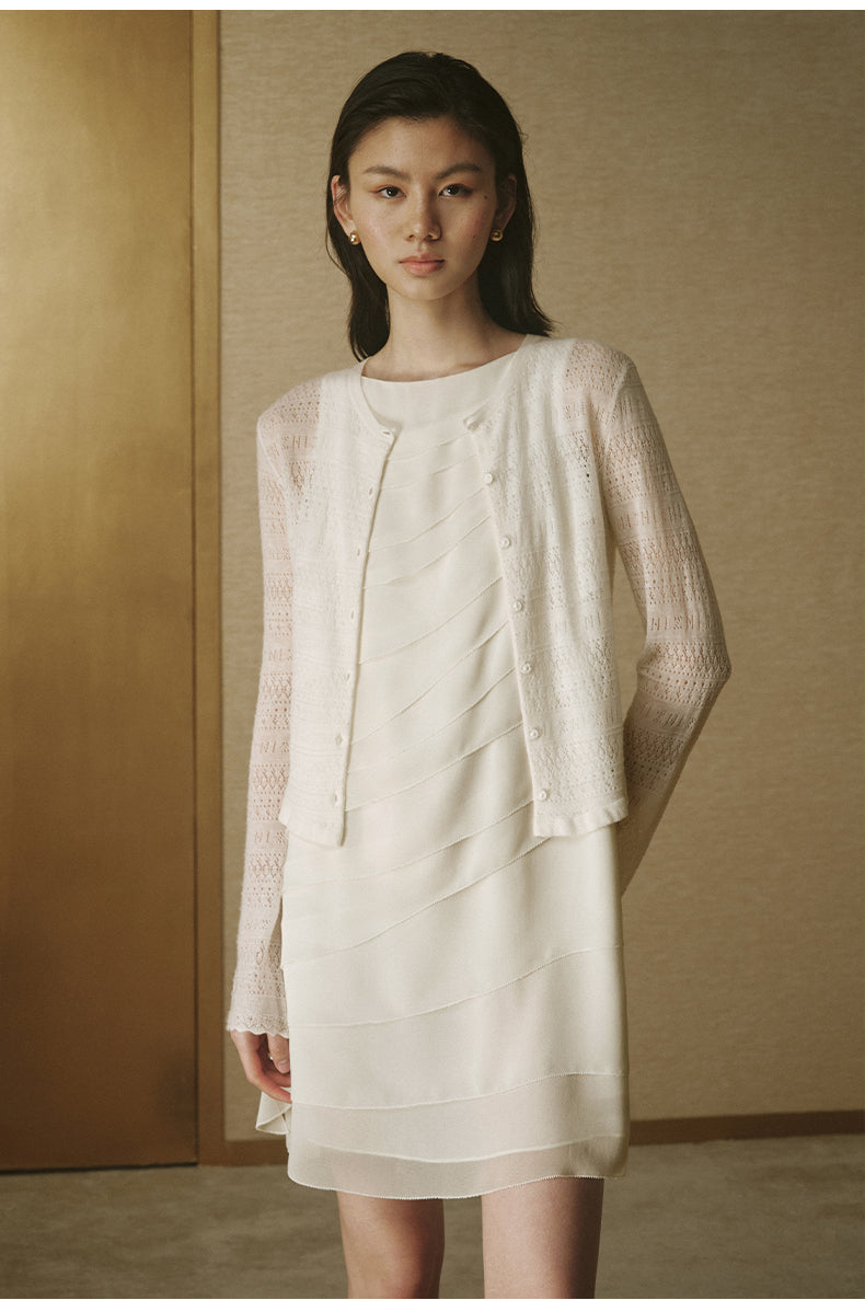 Pointelle Ruffle Wool Cardigan - Ivory White