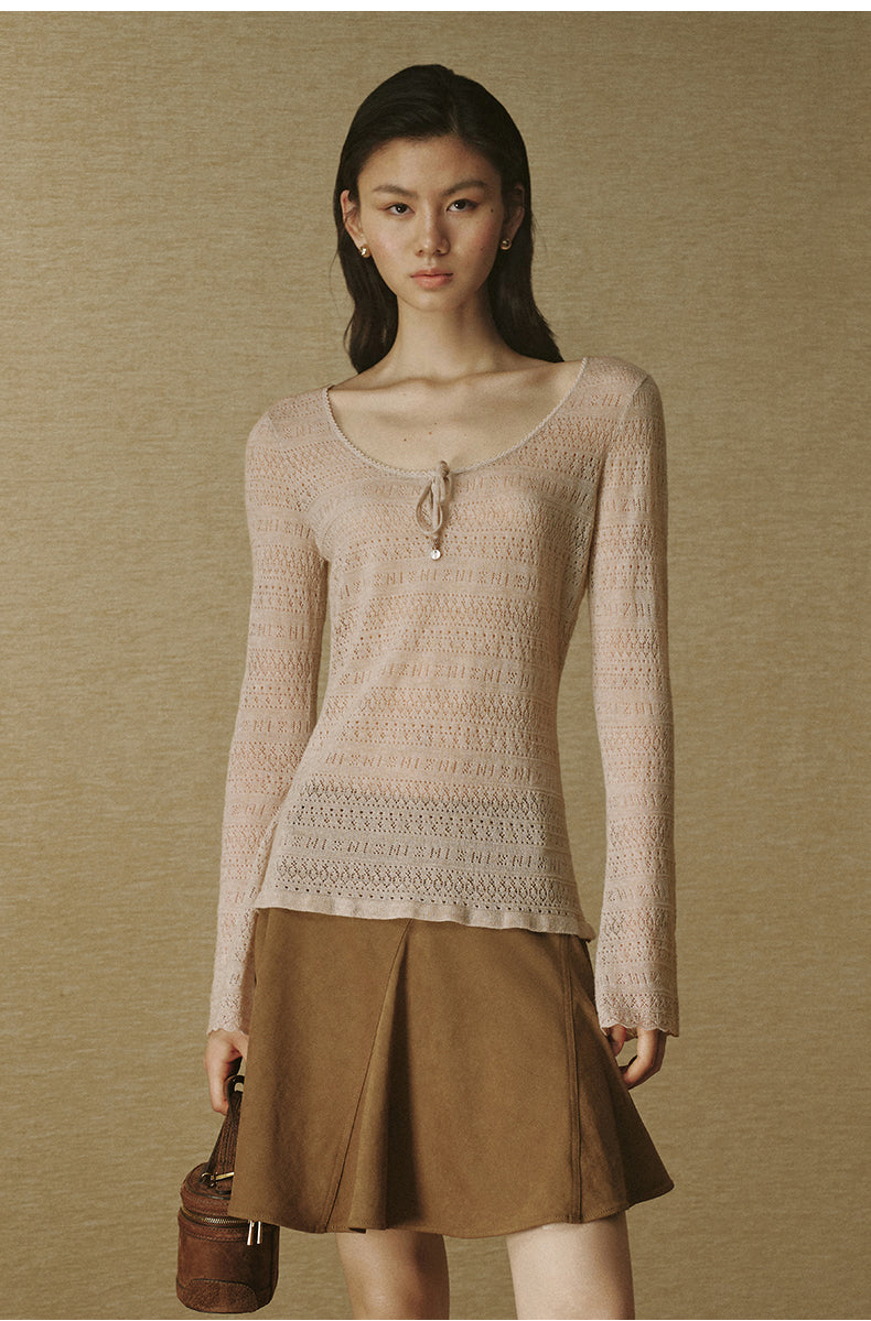 Pointelle Scoop-Neck Wool Sweater - Cornus Beige