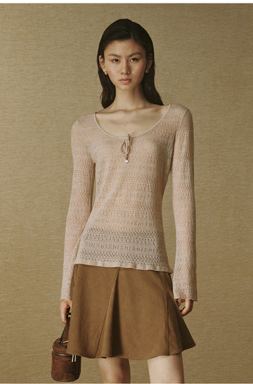 Pointelle Scoop-Neck Wool Sweater - Cornus Beige