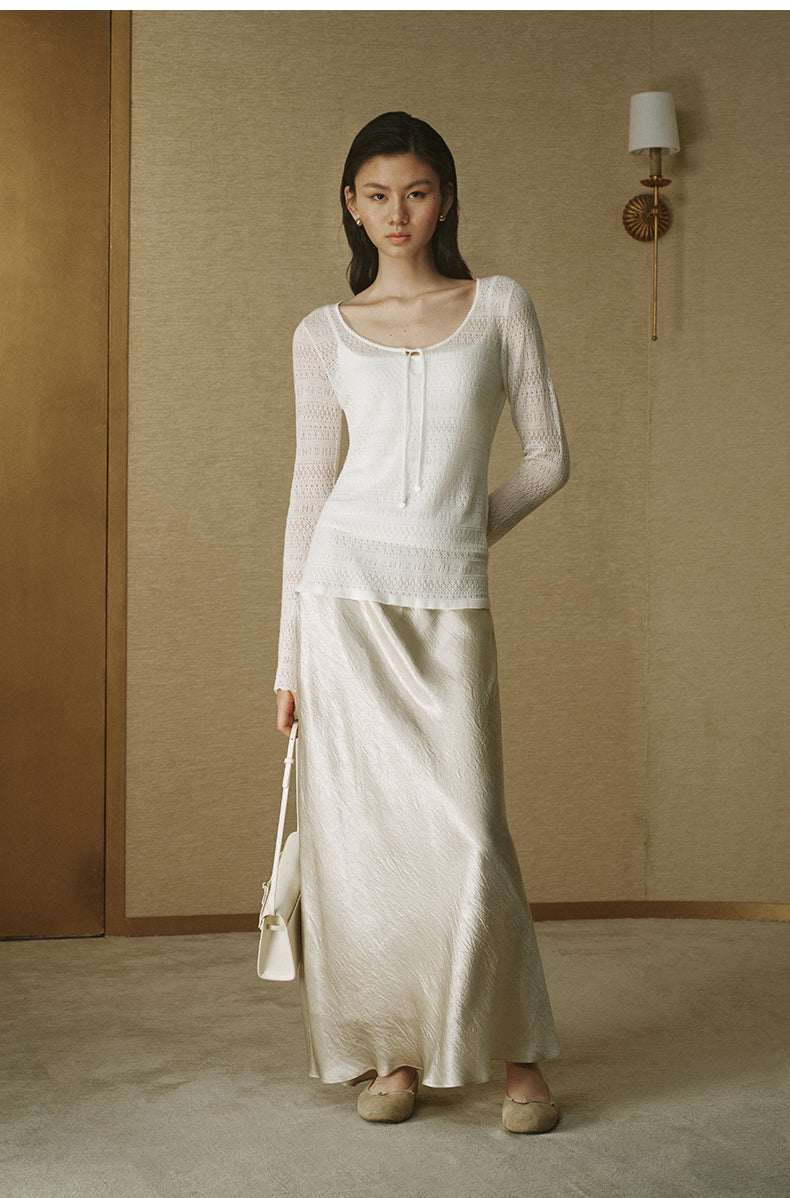 Pointelle Scoop-Neck Wool Sweater - Ivory White