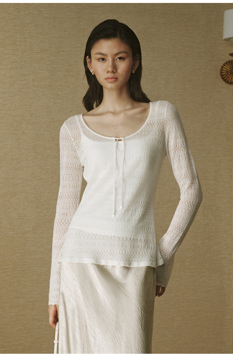Pointelle Scoop-Neck Wool Sweater - Ivory White