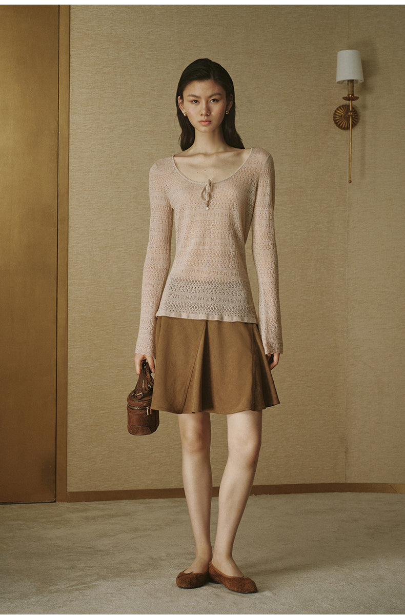 Pointelle Scoop-Neck Wool Sweater - Cornus Beige
