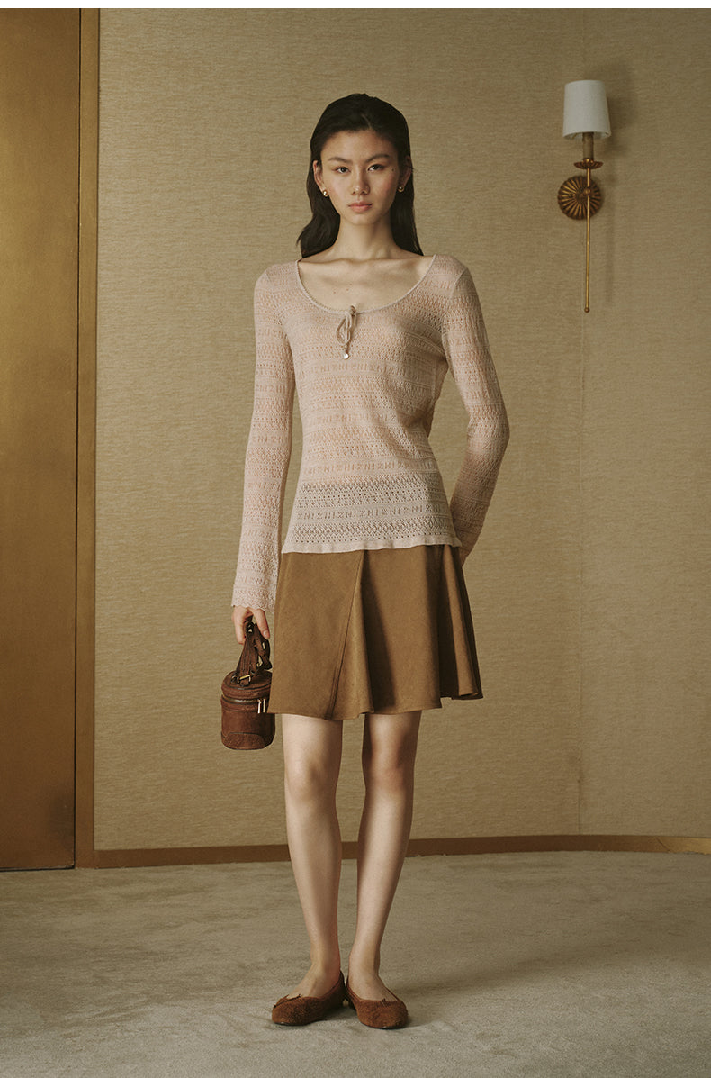 Pointelle Scoop-Neck Wool Sweater - Cornus Beige