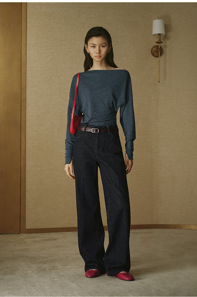Relaxed Asymmetric Wool Tee - Deep Grey Blue