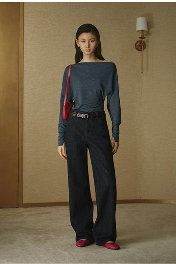 Relaxed Asymmetric Wool Tee - Deep Grey Blue