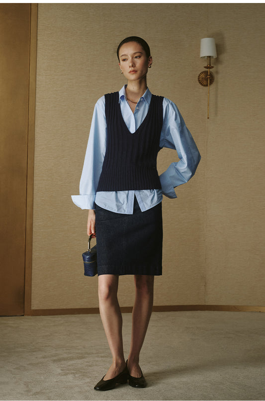 Cotton Wool V-Neck Knit Vest - Deep Navy