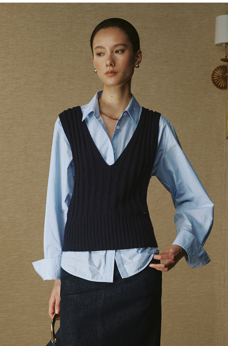 Cotton Wool V-Neck Knit Vest - Deep Navy
