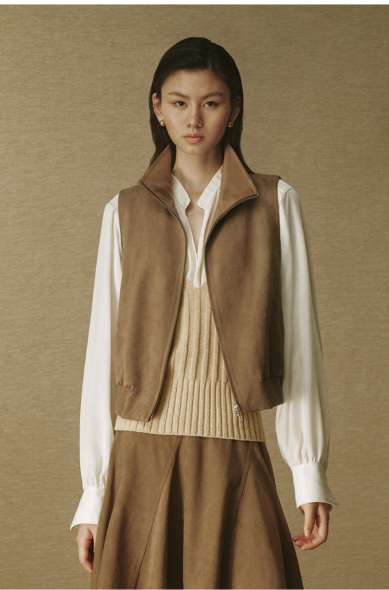 Cotton Wool V-Neck Knit Vest - Ginger Camel