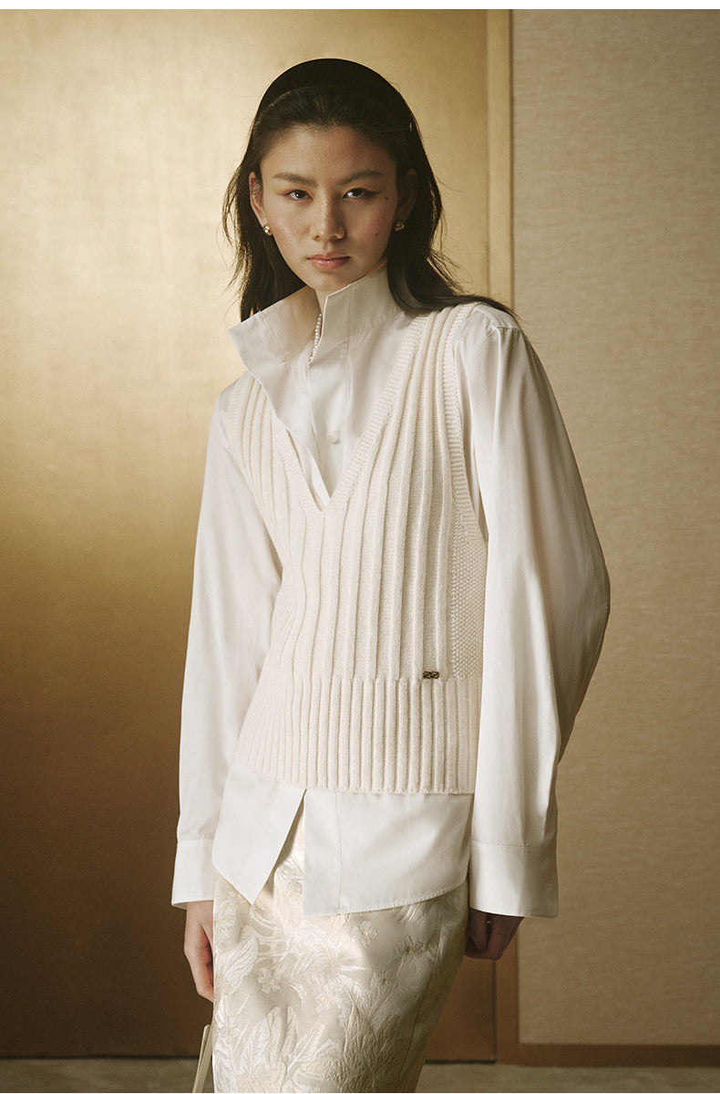 Cotton Wool V-Neck Knit Vest - Ivory White