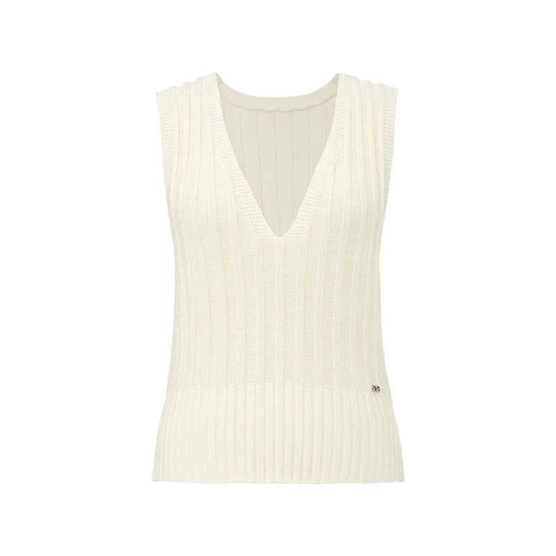 Cotton Wool V-Neck Knit Vest - Ivory White