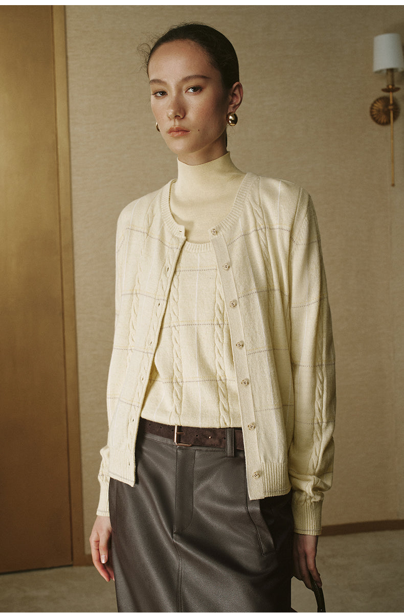 Silk Wool Cable Cardigan - Soft Mist Yellow