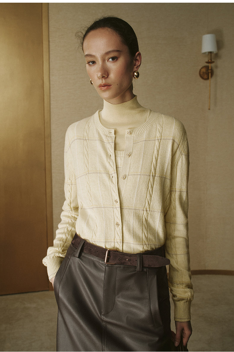 Silk Wool Cable Cardigan - Soft Mist Yellow