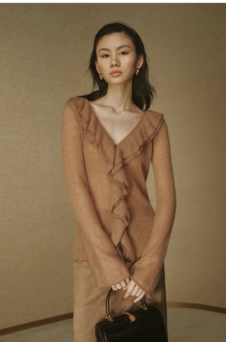 Mohair Ruffle Cardigan - Caramel Orange