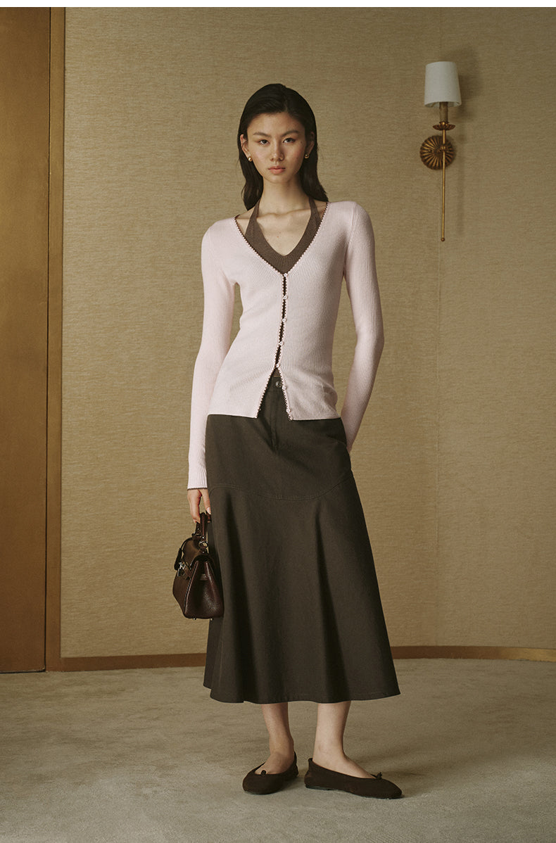 Contrast Layer Wool Knit - Dusk Pink / Light Tea Brown