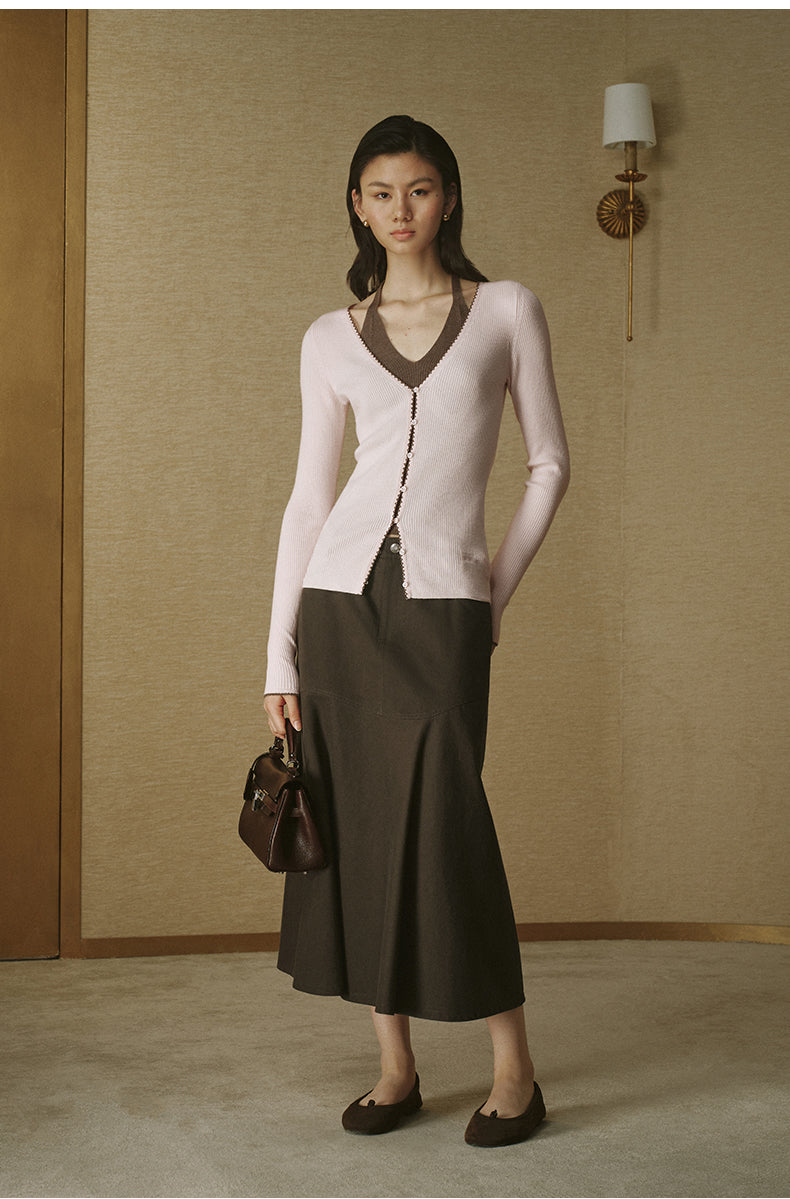 Contrast Layer Wool Knit - Dusk Pink / Light Tea Brown