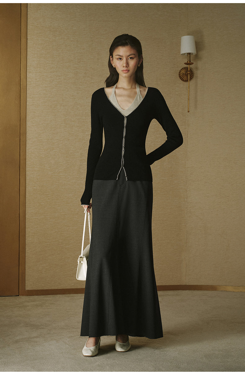 Contrast Layer Wool Knit - Ink Black / Pearl Beige