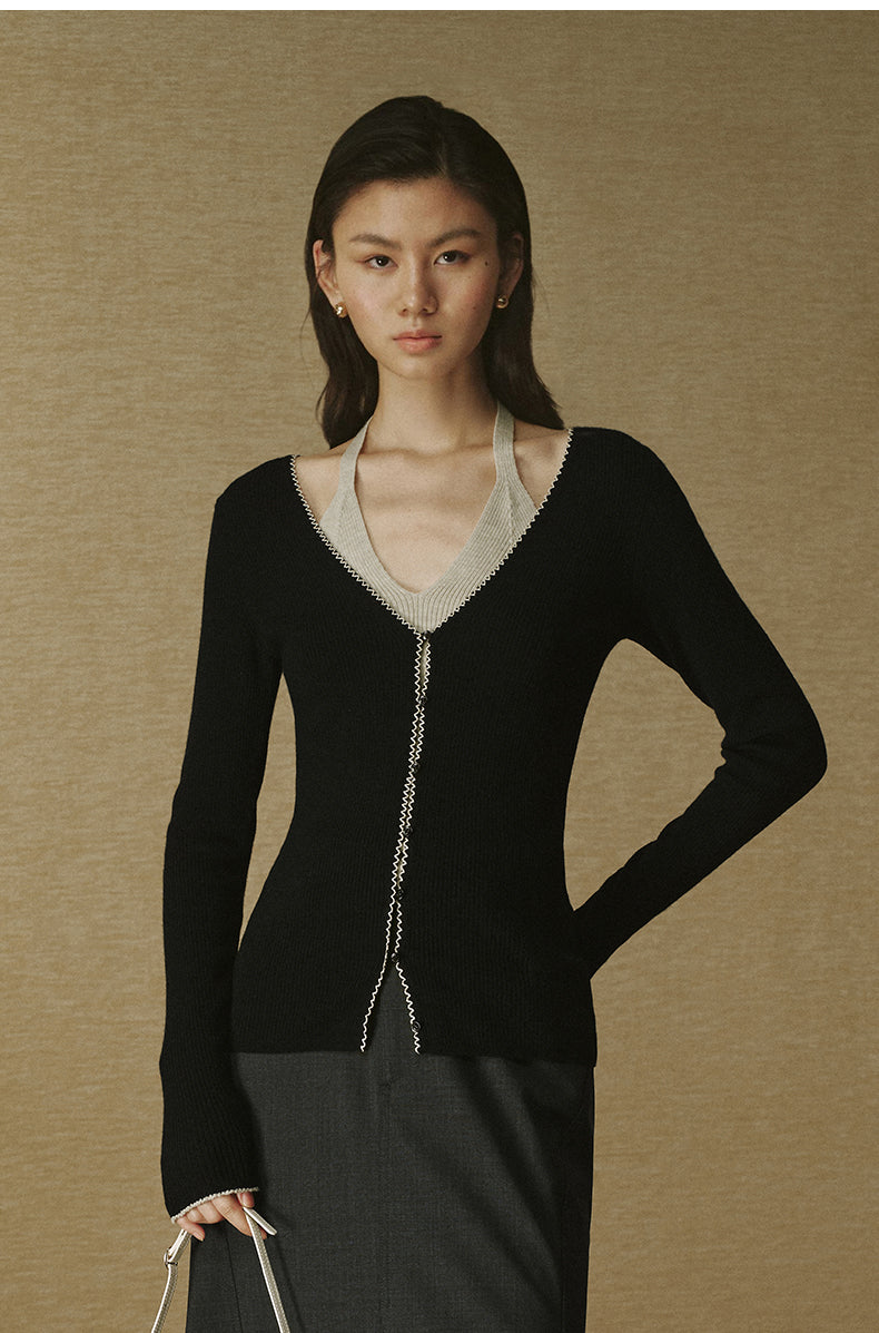 Contrast Layer Wool Knit - Ink Black / Pearl Beige