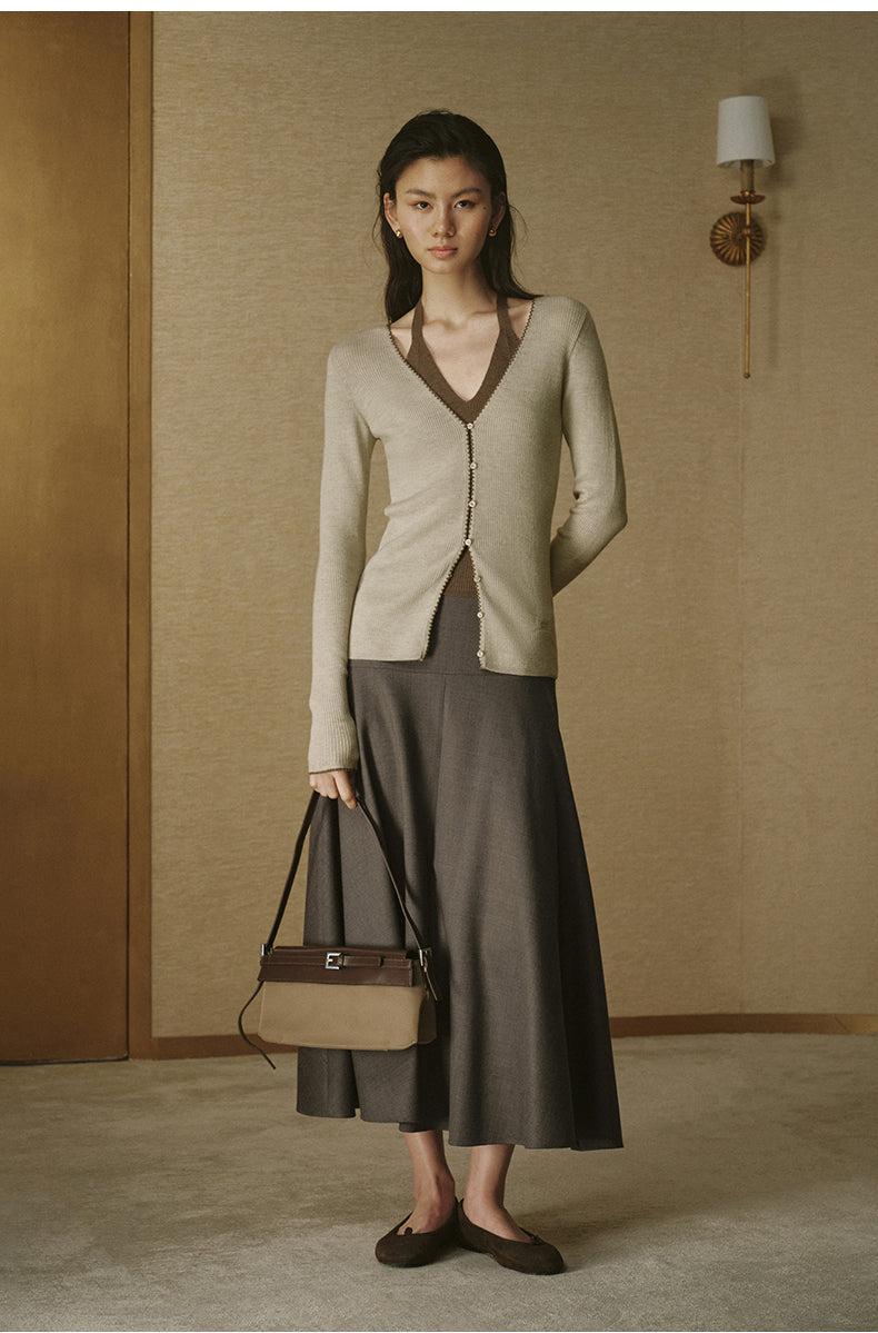 Contrast Layer Wool Knit - Jade Ivory / Light Tea Brown
