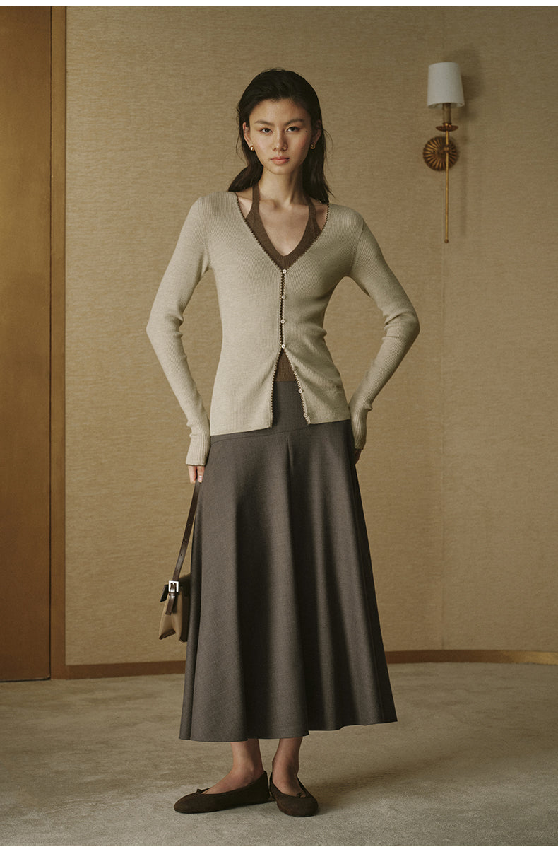 Contrast Layer Wool Knit - Jade Ivory / Light Tea Brown