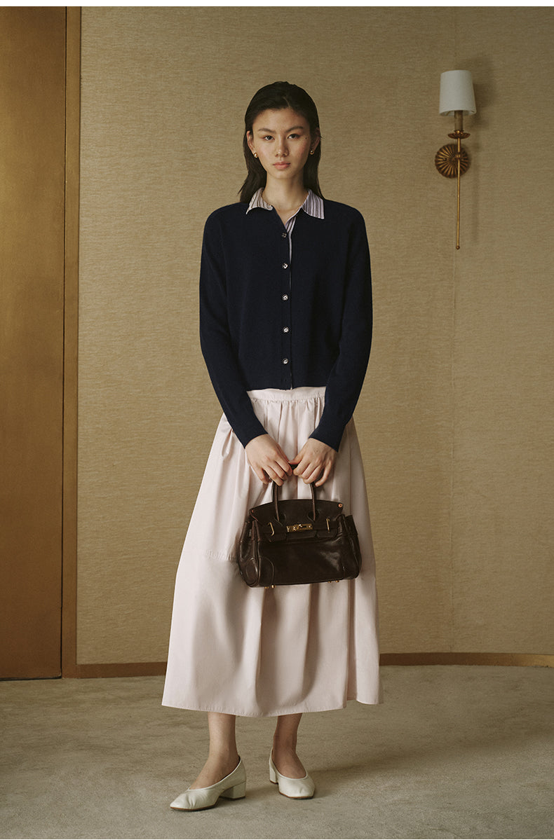 Striped Wool Polo Cardigan in Deep Navy Stripe, front view