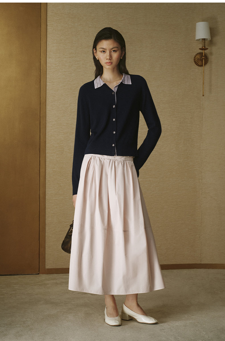 Striped Wool Polo Cardigan in Deep Navy Stripe, full look