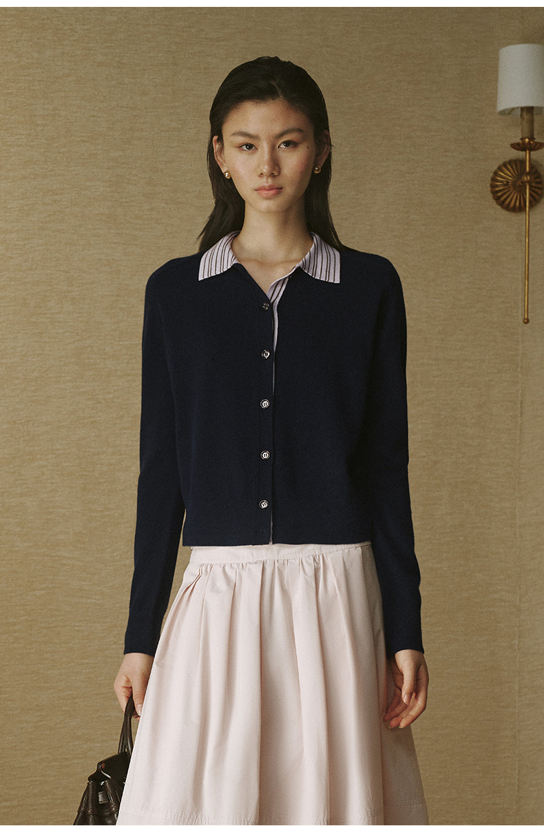 Striped Wool Polo Cardigan in Deep Navy Stripe, close view