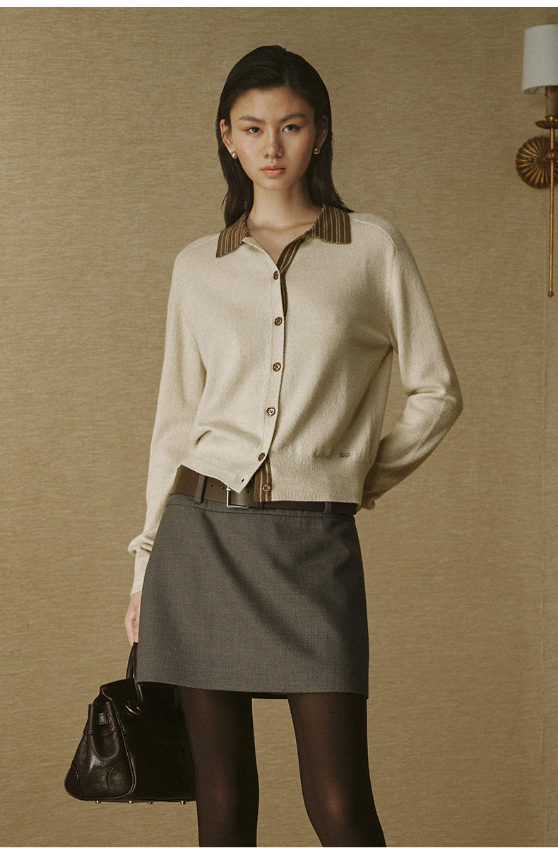Striped Wool Polo Cardigan in Jade Ivory Stripe, close view