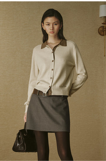 Striped Wool Polo Cardigan in Jade Ivory Stripe, close view