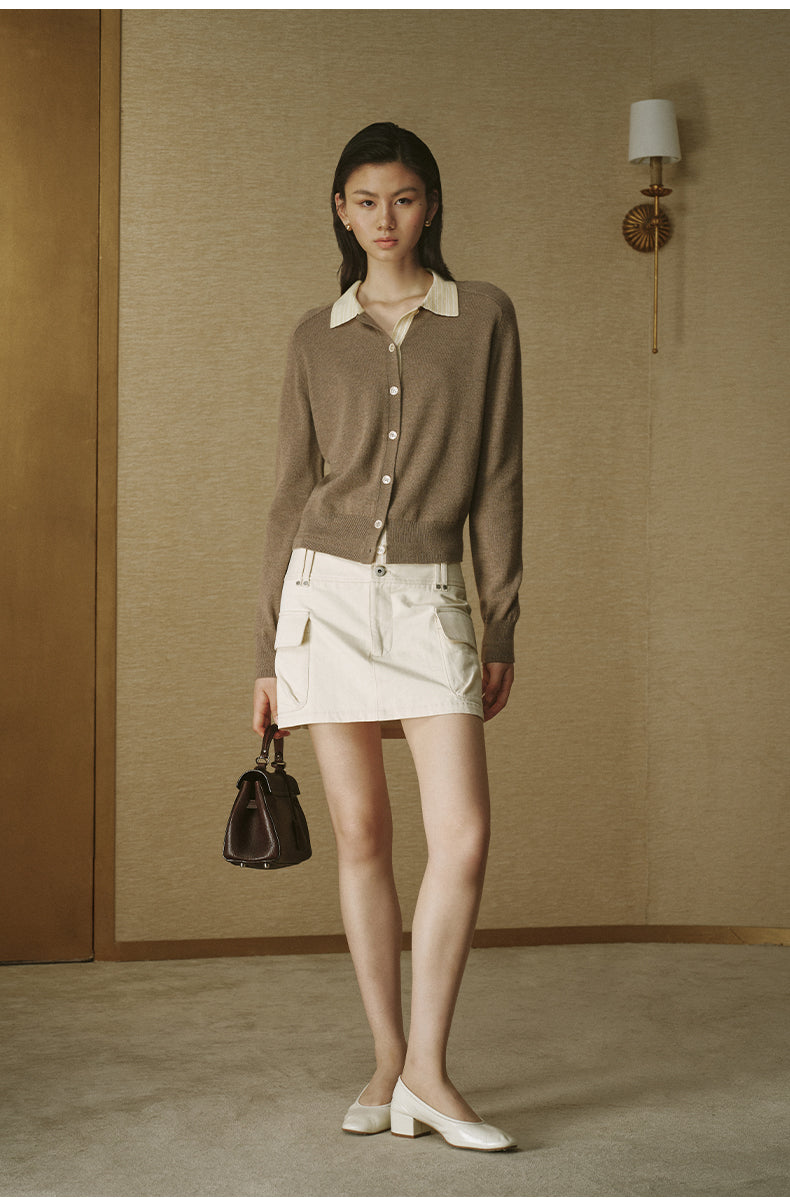 Striped Wool Polo Cardigan in Light Tea Camel Stripe, full look