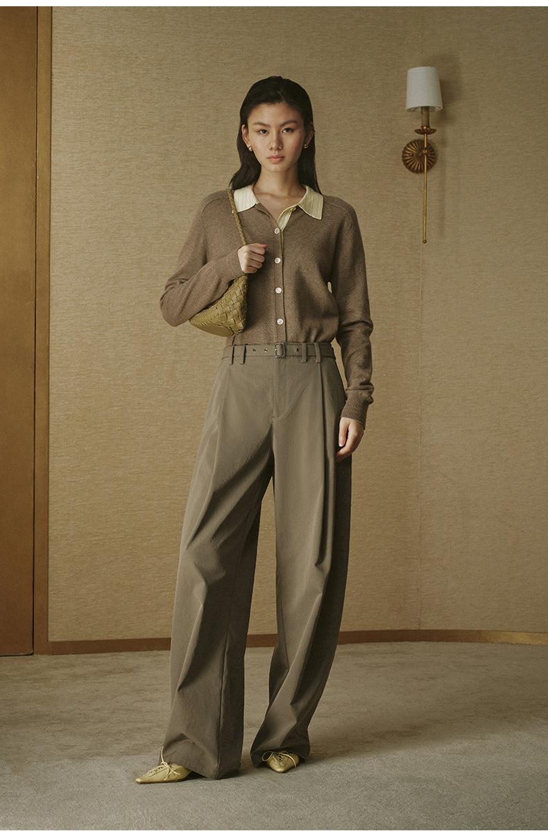 Striped Wool Polo Cardigan in Light Tea Camel Stripe, styled view