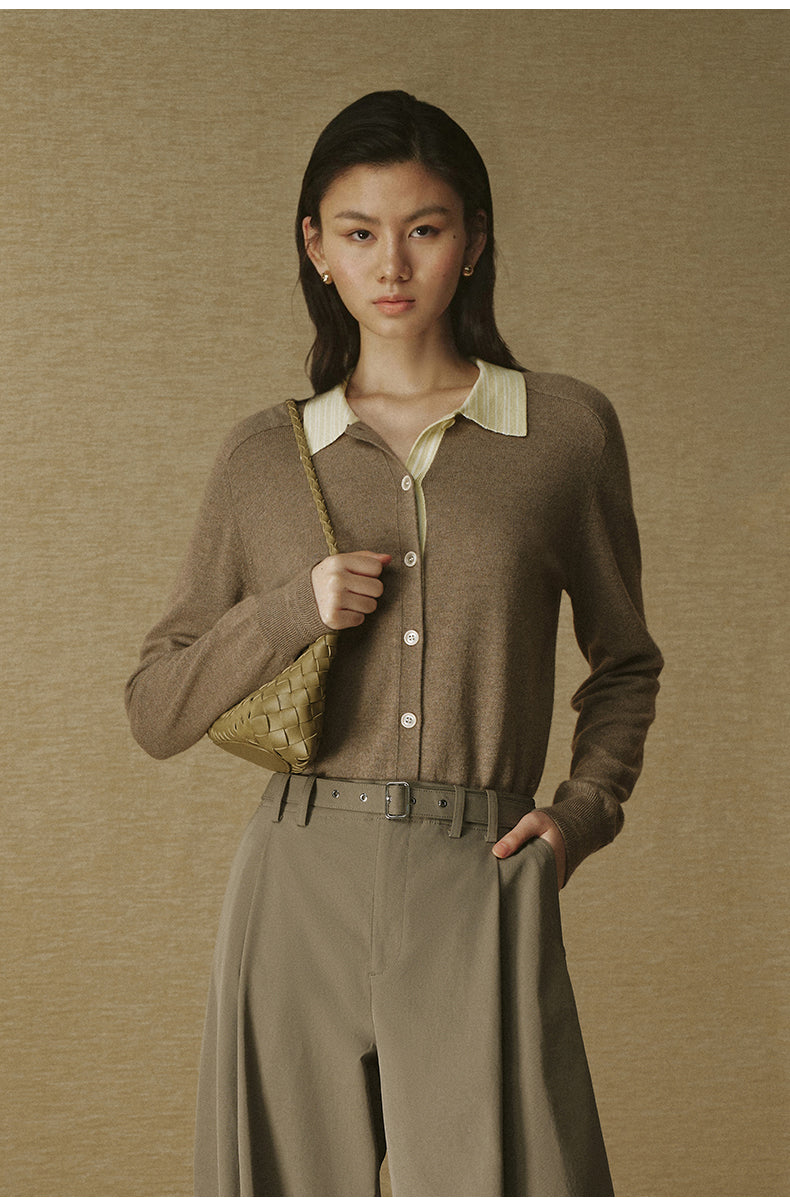 Striped Wool Polo Cardigan in Light Tea Camel Stripe, close view