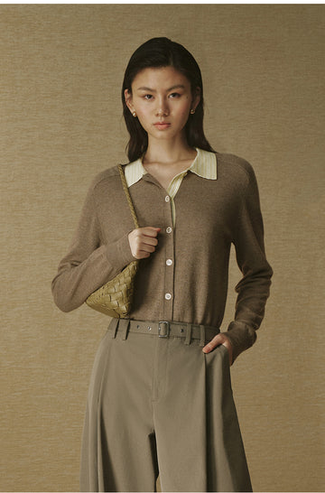 Striped Wool Polo Cardigan in Light Tea Camel Stripe, close view