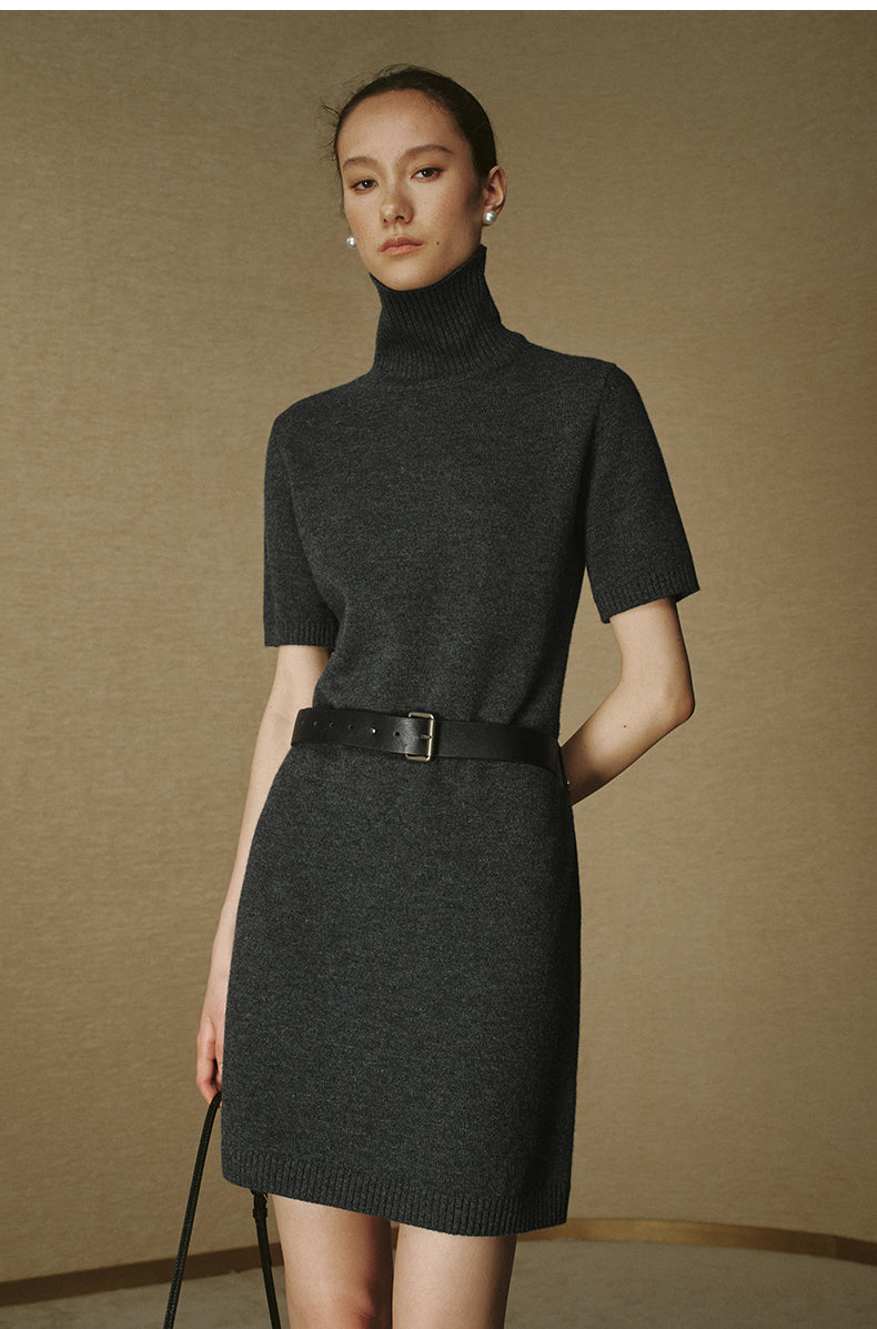 Wool Mockneck Belted Dress - Deep Smoke Grey