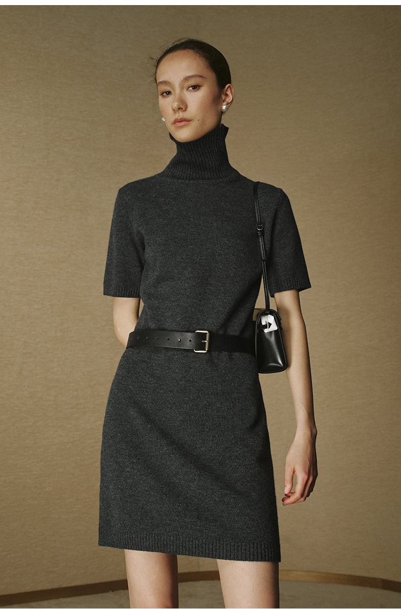 Wool Mockneck Belted Dress - Deep Smoke Grey