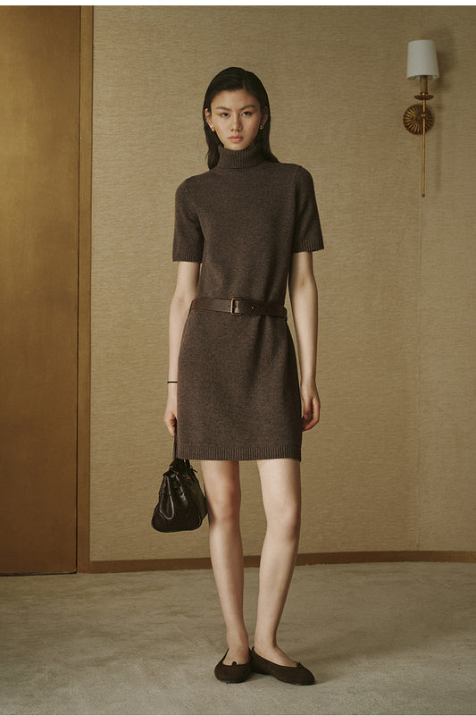 Wool Mockneck Belted Dress - Deep Tea Brown