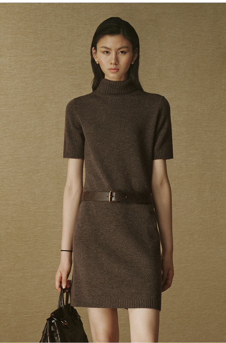 Wool Mockneck Belted Dress - Deep Tea Brown
